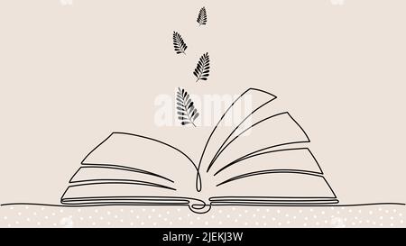 Ein-Zeilen-Buchdesign. Geöffnetes Notizbuch und fliegende Blätter oder Zweige Silhouetten. Schulbildung, Online-Bibliothek Lesen Vektor-Konzept. Einfach Stock Vektor