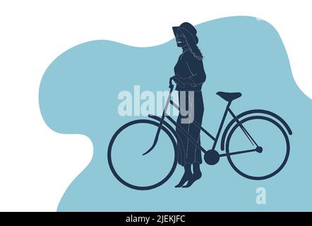 Junge Frau auf dem Fahrrad mit Korb von Blumen Vektor flach isoliert Illustration Stock Vektor