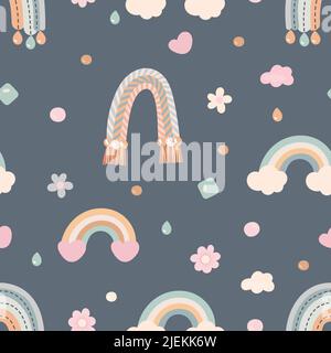 Boho Stil skandinavischen Regenbogen und Wolken, Perlen, Blumen und Herzen. Baby-Kindergarten Cartoon-Elemente, kindische Vektor nahtlose Muster Stock Vektor