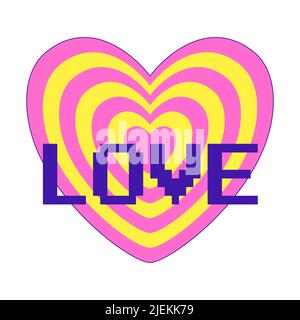 Sticker im Y2K Stil.Sticker in Form eines versetzenden Herzens mit dem Wort Liebe. Retro-Pixelschriftart. Nostalgie für die 2000s. Einfache flache Vektorgrafik Abb. Stock Vektor