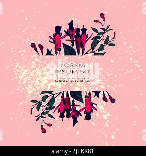 Attraktiv arrangierter Blumenstrauß an der Grenze auf rosafarbenem Boden mit weißem Splatter. Gezeichnete Fuchsia-Blumen, künstlerische Vektor-Illustration. botan mit Blumenmuster Stock Vektor