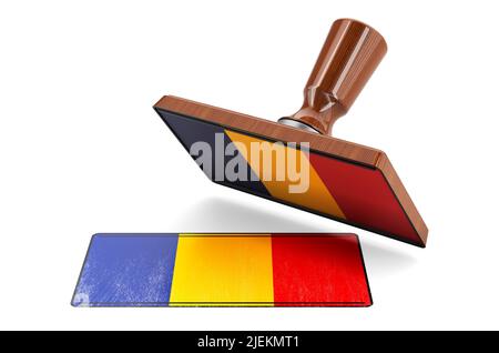 Holzstamper, Siegel mit rumänischer Flagge, 3D Darstellung isoliert auf weißem Hintergrund Stockfoto