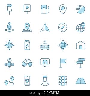 Navigation und Karte 2 farbige lineare Vektor-Symbole isoliert auf weißem Hintergrund. Stock Vektor