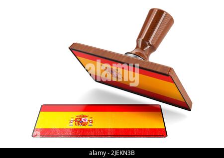 Holzstamper, Siegel mit spanischer Flagge, 3D Rendering isoliert auf weißem Hintergrund Stockfoto