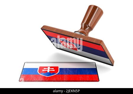 Holzstamper, Siegel mit slowakischer Flagge, 3D Rendering isoliert auf weißem Hintergrund Stockfoto