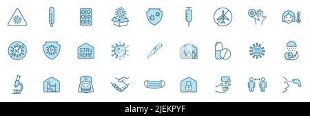 Covid-19 Coronavirus-Linienvektorsymbole in zwei Farben, isoliert auf Weiß. Stock Vektor