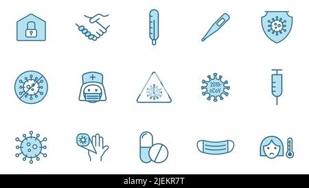 Covid-19 Coronavirus-Linienvektorsymbole in zwei Farben, isoliert auf Weiß. Stock Vektor