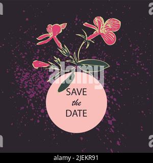 Attraktiv arrangierter Blumenstrauß auf schwarzem Hintergrund mit violettem Splatter. Gezeichnete Fuchsia-Blumen, künstlerische Vektor-Illustration. Blumenbotanisch Stock Vektor