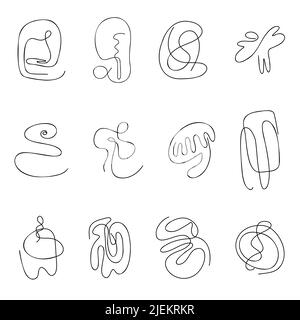 Zeitgemäßes, abstraktes Set mit einer durchgehenden Linie und Scribbles. Scrollstrich oder Quirk mit gedrehter Gedankenführung. Whorl geschwungene gewellte bizarre Elemente für ästhetische Plakate h Stock Vektor