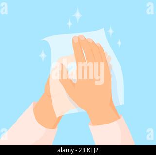Wischen Sie das Handgewebe ab. Handtücher Papier Servietten Handtuch wischen trockenen Körper, Schmutz Handspülen Tuch Sanitär Seife Küchenreiniger, waschen mit Hygiene Taschentuch Vektor Illustration. Seidenpapier in der Hand Stock Vektor
