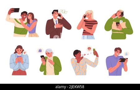 Menschen, die Smartphones verwenden. Mobile Apps, Online, Anrufe und Unterhaltung. Stock Vektor