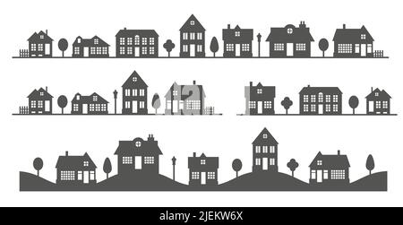 Silhouette der Landschaft der Nachbarschaft. Schwarz-weiße Häuser an der Skyline. Landhaushäuser. Glyphen-Vektor-Illustration. Stock Vektor