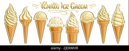 Vector Vanilla Ice Cream Set, Banner mit Sammlung von ausgeschnittenen verschiedenen Illustrationen der Gruppe erfrischende Kugel Eis in Waffelkegel und Stock Vektor