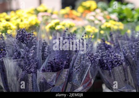 Frische Lavendelblüten im Korb bei der Nahaufnahme des Marktes Stockfoto