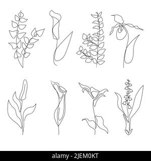 Kontinuierliche Linie abstrakte Blumen und Blätter gesetzt. Schwarze Skizze von Lilie, Maiglöckchen, Marienkäfer. Blumen eine Linie einfach boho ästhetischen Umriss f Stock Vektor