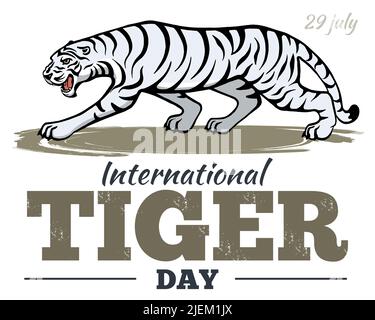 Banner für den Internationalen Tiger-Tag am 29. Juli. Große gestreifte Katze. Schutz der Natur. Skizzenstil. Vektor. Stock Vektor