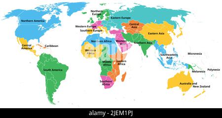 Statistische Teilregionen der Welt, Geoschema und politische Karte. System, das alle Länder und Territorien der Welt in Gruppen teilt. Stockfoto