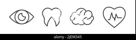 Auge und Zahn, Gehirn und Herz. Augenarzt, Zahnarzt, MRT, Kardiologe. Vier Symbole im Zusammenhang mit der Medizin. Vektorgrafik Stock Vektor