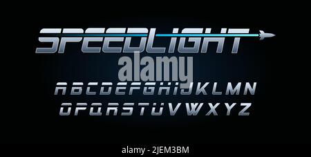 Vector Chrome Alphabet im Scifi-Stil für Überschriften, Logos und andere grafische Projekte. ABC im All, Galaxienschrift inspiriert von Filmen und animierten Shows Stock Vektor