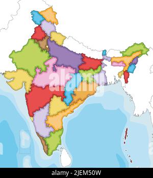 Vektor illustrierte leere Karte von Indien mit Staaten und Territorien und Verwaltungsdivisionen und Nachbarländern. Editierbar und deutlich beschriftet Stock Vektor