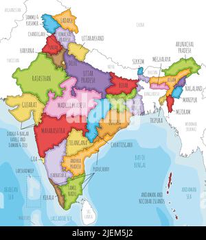 Vektor-illustrierte Karte von Indien mit Staaten und Territorien und Verwaltungseinheiten und Nachbarländern. Bearbeitbare und klar beschriftete Lay Stock Vektor