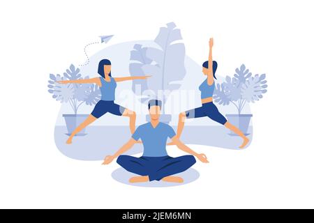 Konzept der Arbeitszeit Meditation, Pause, Dampf-Yoga, gesundheitliche Vorteile des Körpers, Geist und Emotionen, Denkprozess. Flaches Design moderne illustrati Stock Vektor