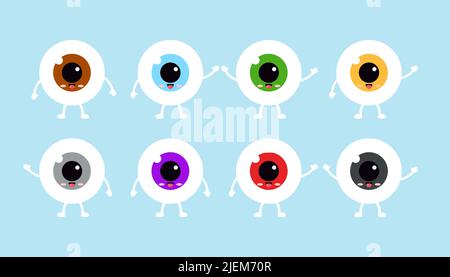 Niedliche Augapfel Emoticon verschiedenen Melanin Ebene Vektor auf weißem Hintergrund isoliert gesetzt. Stock Vektor