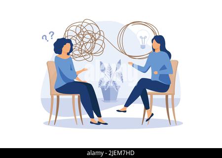 Psychotherapie, Entwirren komplexer Situationen, Konzept der Sozialpsychiatrie, Therapeut und Patienten Vektor flache Design moderne Illustration Stock Vektor