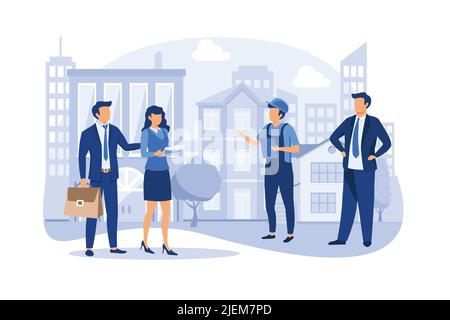 Immobiliengeschäftskonzept mit Häusern, Immobilienmarktwachstum, Austausch von Wohnraum, Präsentation eines Hauses, Haus für eine Wohnung de Stock Vektor