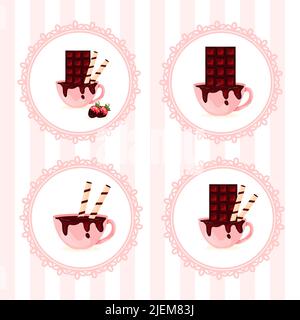 Set von Abzeichen-Labels für Coffee Shops Süßwaren Handwerk Schokolade mit Tasse heiße Schokolade und Waffelröhrchen und Erdbeeren Stock Vektor