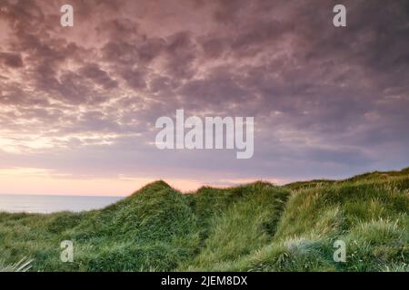 Sonnenuntergang über einer Landschaft mit Wolken, Kopieflächen und üppigem grünen Gras, das auf leeren Sanddünen an der Küste von Jütland in Loekken, Dänemark, wächst Stockfoto