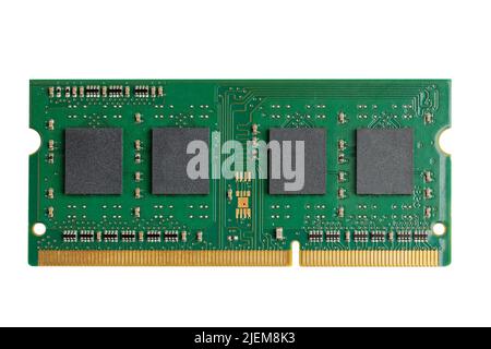 Closeup Leiterplatte von Computern Memorys Modul SO-DIMM DDR Standart für Laptop. Isoliert auf Weiß. Stockfoto