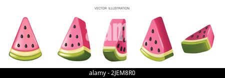 Set aus 3D Scheiben Wassermelone auf weißem Hintergrund. Sommer Wassermelone realistischer Stil. Stock Vektor