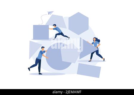 Ein Team von Menschen montieren eine abstrakte geometrische Puzzle. Charaktere sammeln geometrische Formen Vektor. Flaches Design moderne Illustration Stock Vektor