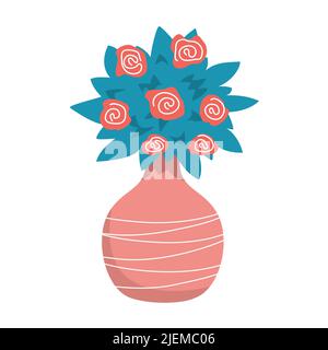 Dekorative Vase für Hausblumen mit Streifenmuster. Rote Rosen. Element des Innenraums des Raumes. Antiker Stil und Design. Flache Vektorgrafik iso Stock Vektor