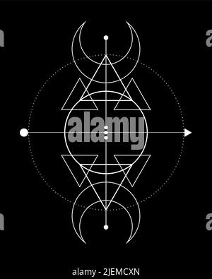 Magischer Dreifachmond. Symbol der Wikingergottheit, keltische Heilige Geometrie, Wiccan weißes Logo Tattoo, alchemistische esoterische Dreiecke. Geistlicher Okkultismus Stock Vektor