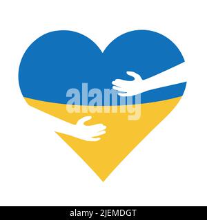 Hände umarmen blau gelb Herzform. Farben der Ukraine Flagge Symbol-Design. Kein Krieg, betet für die Ukraine. Vektorgrafik Stock Vektor