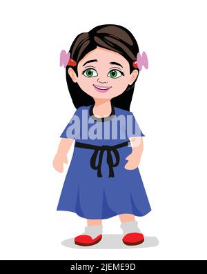 Schönes Mädchen in blauem Kleid mit großem Lächeln Cartoon-Vektor-Illustration stehen Stock Vektor