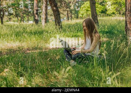 Auf dem Banner arbeitet ein junges Mädchen mit einem Laptop an der frischen Luft im Park und sitzt auf dem Rasen. Das Konzept der Fernarbeit. Arbeiten Sie als Freiberufler. T Stockfoto