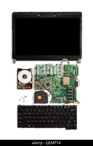 Disassambled Laptop (pc) isoliert auf weiß Stockfoto