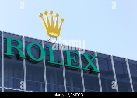 Genf, Schweiz - 14. August 2016: Rolex Büros und Hauptsitz in Genf. Rolex fertigt, vertreibt und warten Armbanduhren Stockfoto