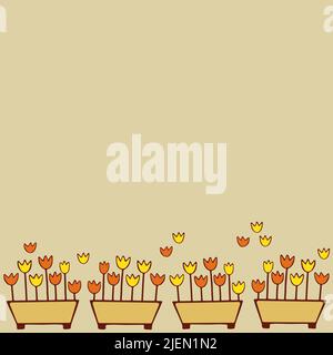 Nahtlose Bordüre mit stilisierten Tulpen in Blumentöpfen. Stock Vektor