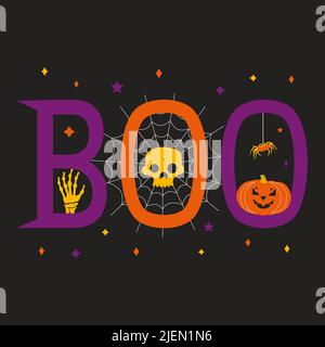 Boo Halloween Urlaub niedliche Symbole Vektor-Poster. Handgezeichnete, ausgefallene Schriftzüge. Halloween gruselige Zeichen Kürbis, Spinnennetz, Fledermaus, Schädel Cartoon-Design Stock Vektor