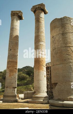 Ruinen des Artemis-Tempels in Sardis vor den Bäumen Stockfoto