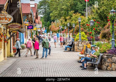 Helen, USA - 5. Oktober 2021: Helen, Georgia Dorfstadt Traditionelles Architekturgebäude mit vielen Menschen, die Touristen auf Bänken sitzen und unterschreiben Stockfoto