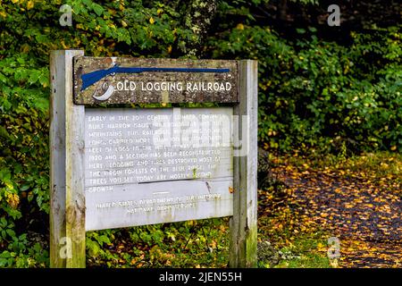 Raphine, USA - 7. Oktober 2021: Blue Ridge Mountains mit Schild am parkway Overlook für Informationen zur Geschichte der Old Logging Railroad im Herbst Stockfoto