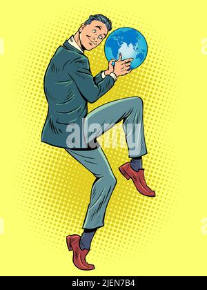 Thema „Planet Erde“, „Weltwirtschaft“ und „Geschäftsökologie“. Geschäftsmann in einer lustigen Pose. Pop Art Retro Vektor Illustration Kitsch Vintage 50s 60s Stil Stock Vektor