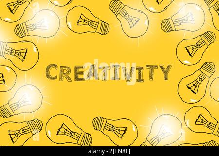 Kreativität. Set von Glühbirnen von Hand auf einem gelben Hintergrund gezeichnet. Konzept des Brainstormings. Ideenkonzept. Stockfoto