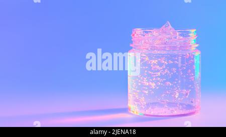 Transparentes Gel in einem Glas mit Luftblasen in Neonlicht Stockfoto