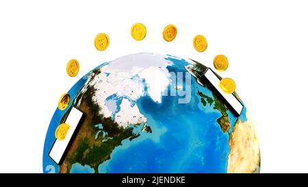 Mobile Banking-Konzept, Coin-Wechsel von Smartphone zu anderem Handy, Online-Geldtransfer-E-Wallet, 3D Rendering. Element der NASA. Stockfoto